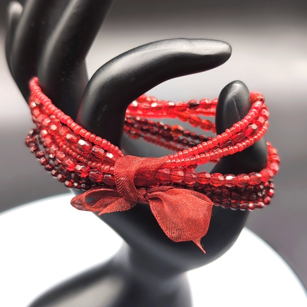 Red Beaded Multi Strand Stretch Bracelet With Red Ribbon Bow